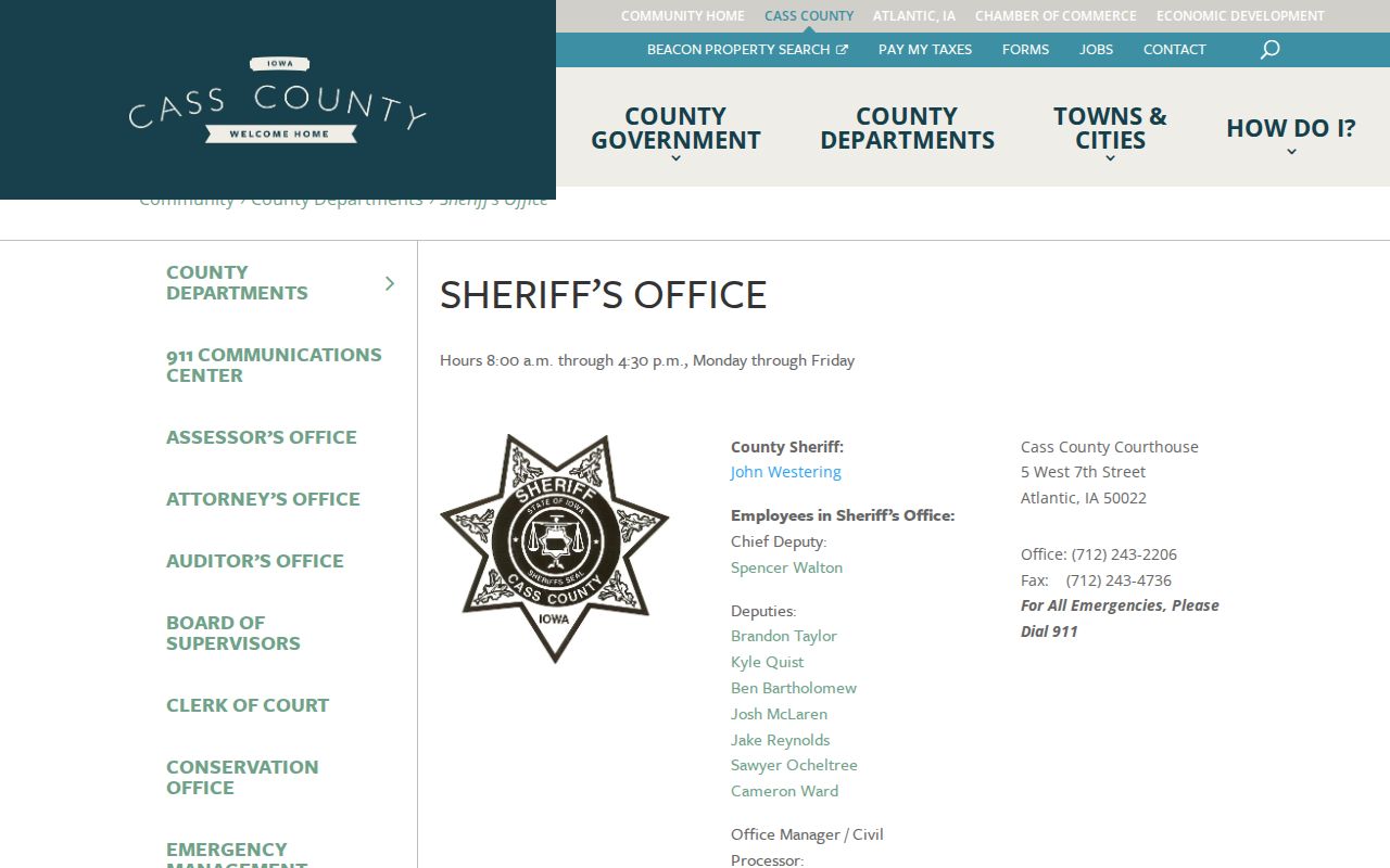 Cass County Iowa Sheriff page with jail roster and press release links