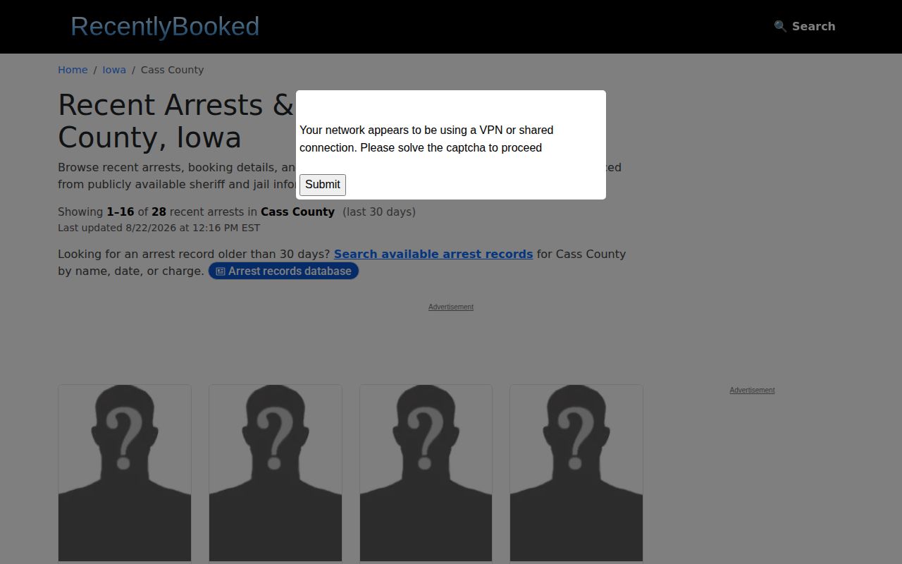 Recently Booked Cass County section stating that Cass County does not provide mugshot images