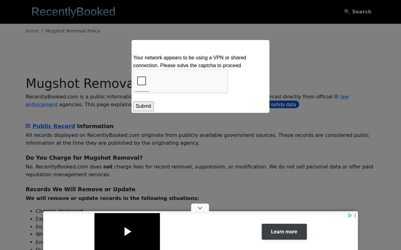 Recently Booked free correction and removal policy page